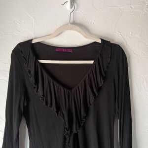 Velvet P Y2k‎ Long Sleeve Black Ruffle V Neck Top Made In USA Medium Whimsigoth